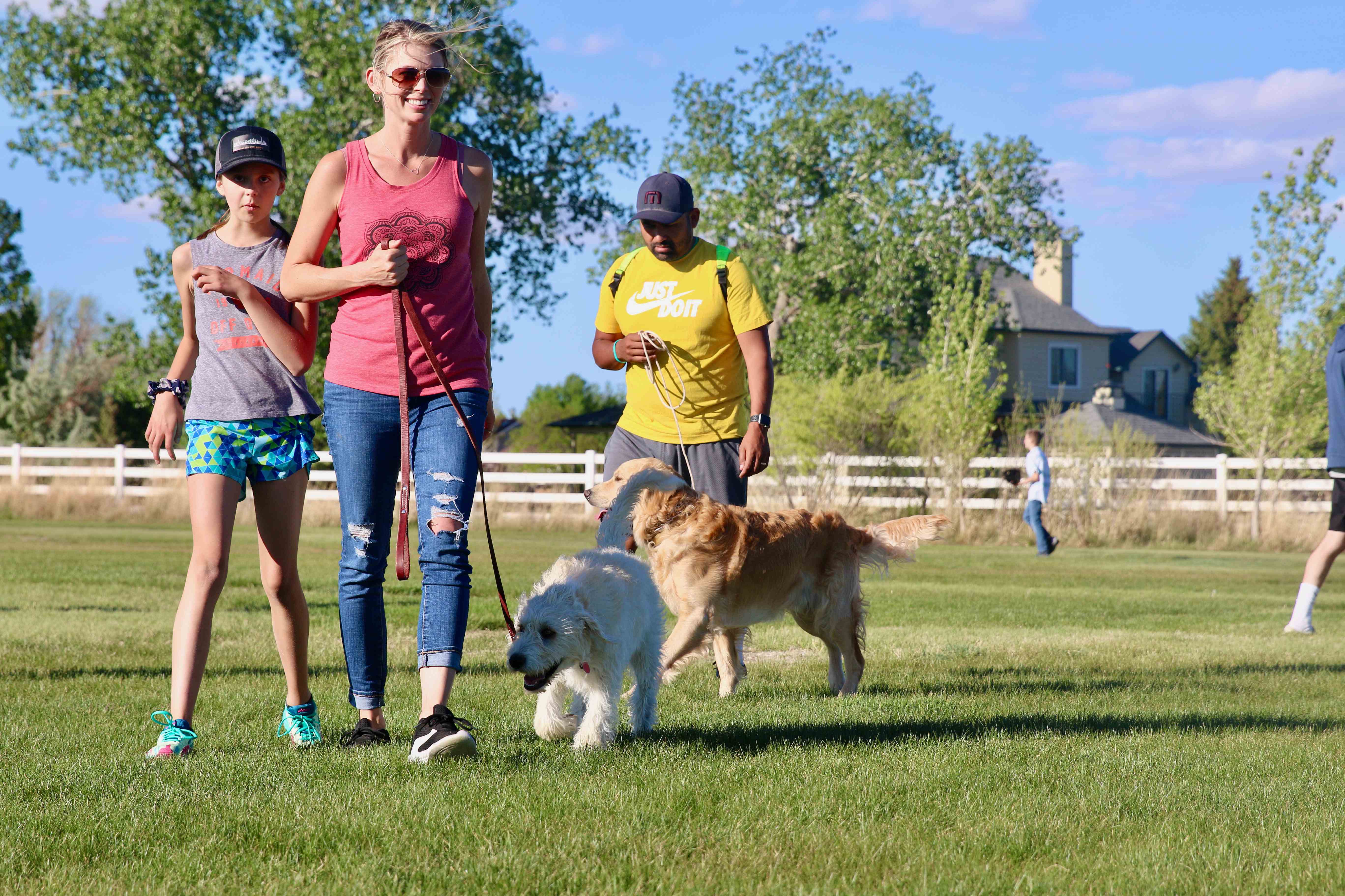 Family with their well-trained dogs at group class - showing the community aspect of training