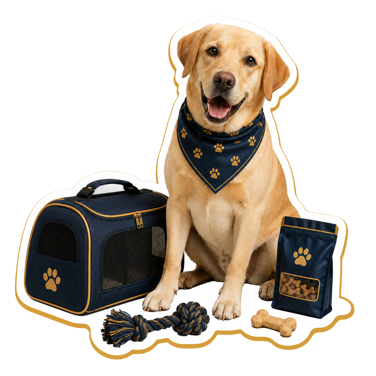Yellow Labrador with cozy travel carrier and treats