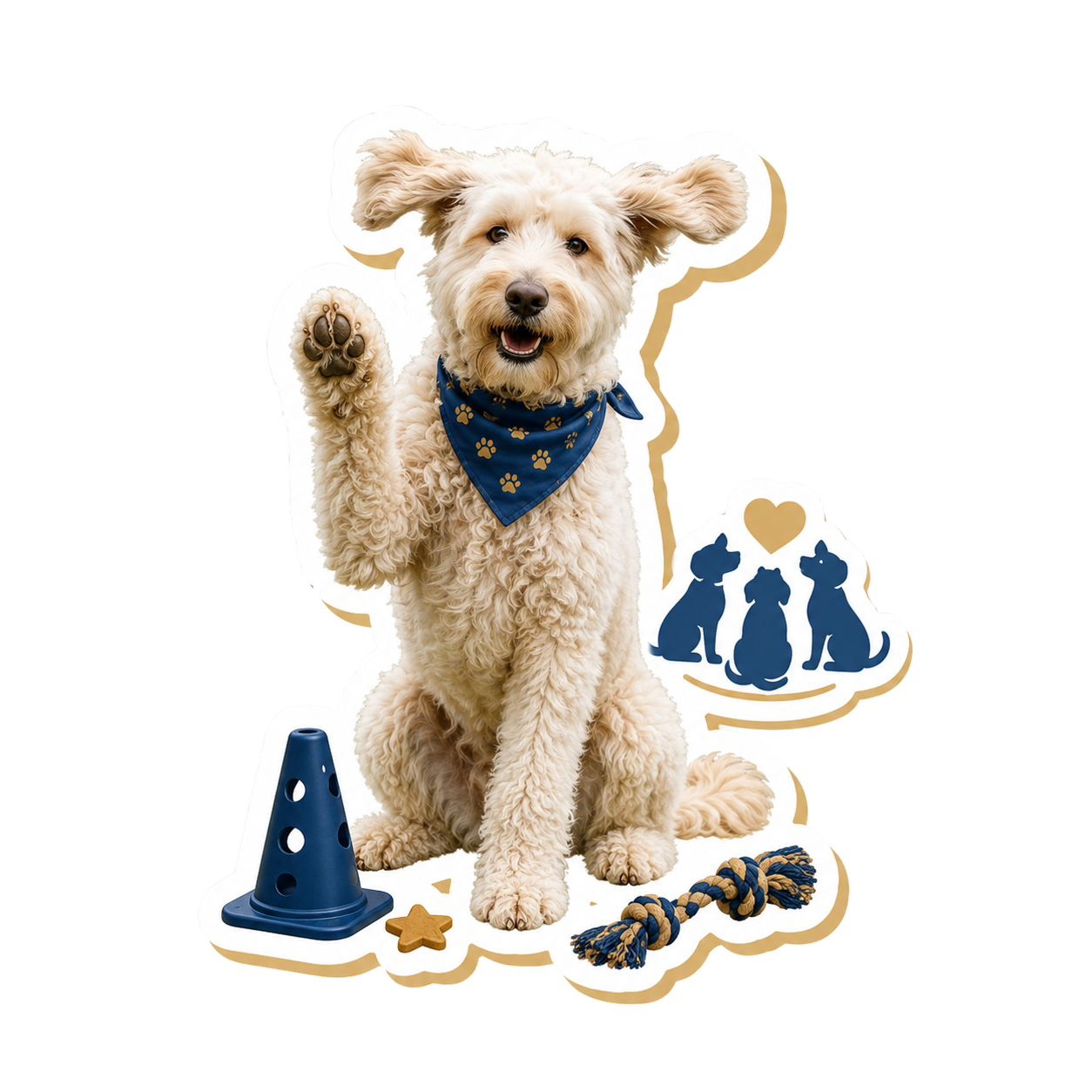 Goldendoodle giving a high five with group of dogs illustration