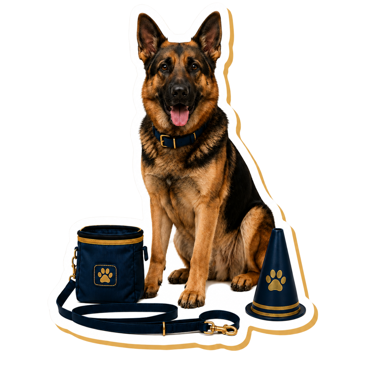 German Shepherd with leash, treat bag and training cone