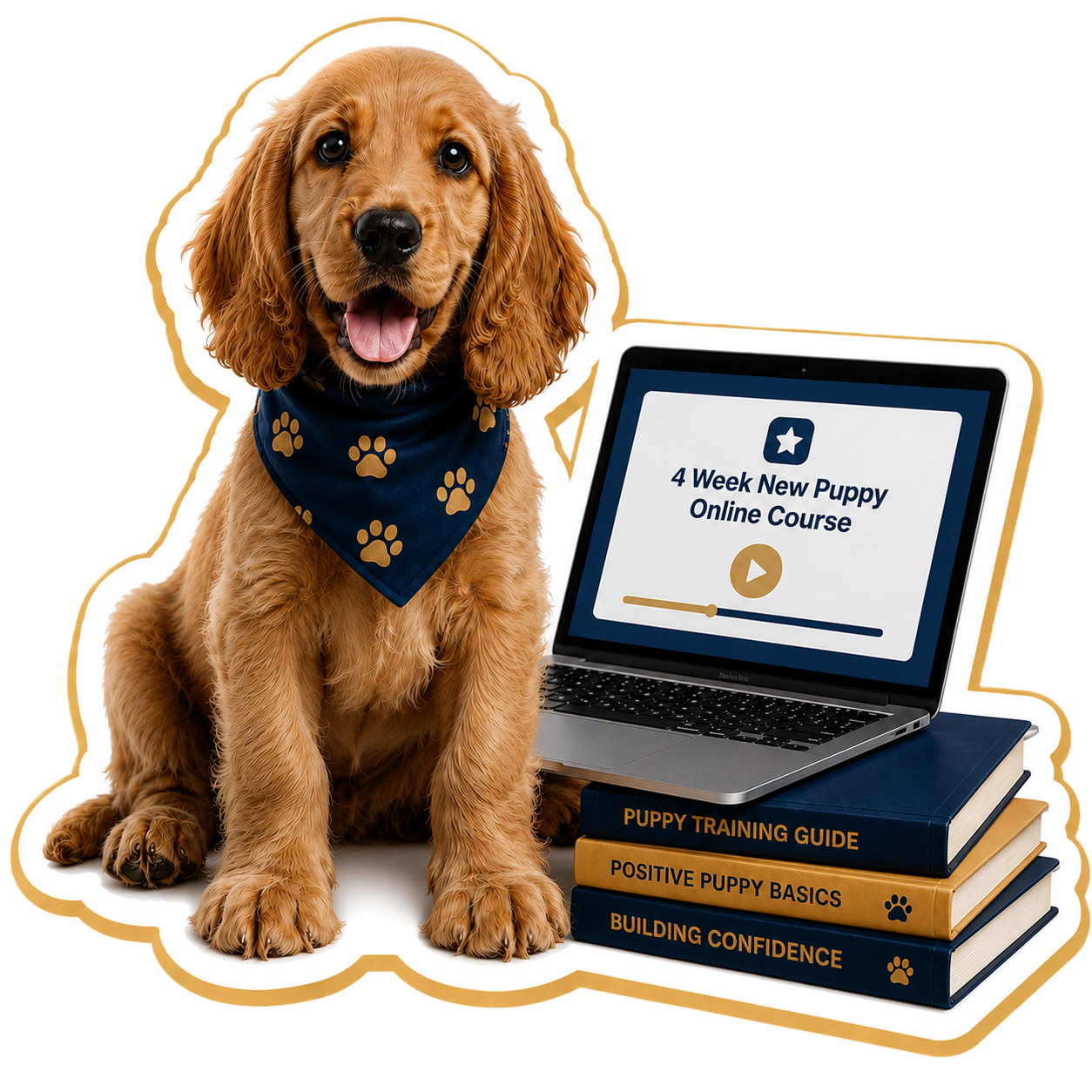 Golden Cocker Spaniel puppy with laptop showing the 4 week online course